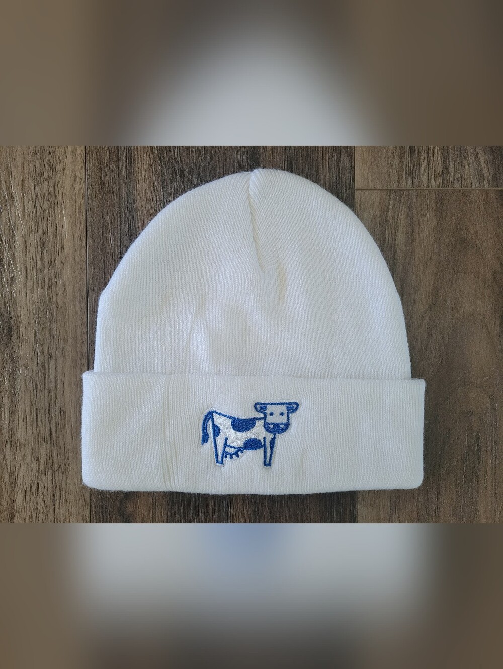 White Youth Beanie with Blue Embroidered Cow
